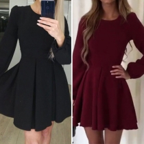 Elegant Solid Color Lantern Sleeve Round Neck Dress