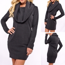 Fashion Solid Color Long Sleeve Cowl Neck Sweatshirt Dress