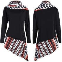 Fashion Long Sleeve Printed Spliced Heaps Collar Irregular Hem T-shirt