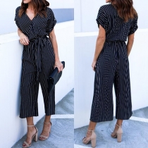 Sexy V-neck Short Sleeve High Waist Striped Jumpsuit 