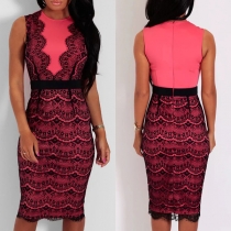 Sexy Lace Spliced Sleeveless Round Neck High Waist Slim Fit Dress