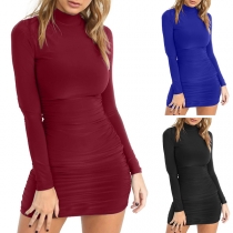 Elegant Solid Color Long Sleeve Mock Neck Tight Dress