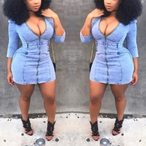 Sexy Deep V-neck Solid Color Zipper Slim Fit Denim Dress