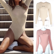 Sweet Round-neck Solid Color Long Sleeve Letter Printed Lingerie Jumpsuit 