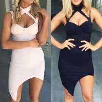 Sexy Off-shoulder Cross Halter Irregular Hemline Zipper Hollow Out Slim-Fit Dress