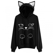 Cute Cat Printed Long Sleeve Casual Hoodie 