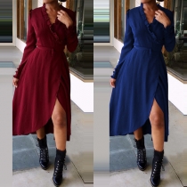 Sexy V-neck Slit Hem Long Sleeve Solid Color Dress