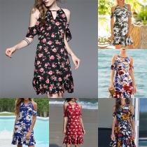 Sexy Off-shoulder Lotus Sleeve Ruffle Hem Printed Dress