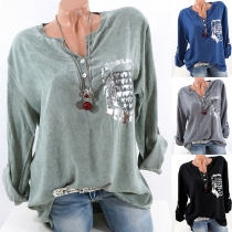Fashion Long Sleeve V-neck Printed Loose T-shirt 