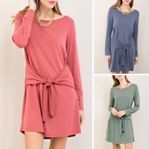 Fashion Solid Color Long Sleeve Round Neck Lace-up Dress