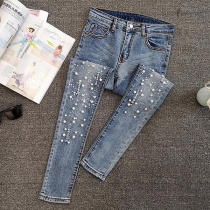 Högmidjade Skinny Jeans med Pärlinläggningar
