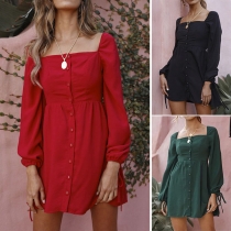 Sexy Backless Lantern Sleeve Round Neck Solid Color Loose Dress