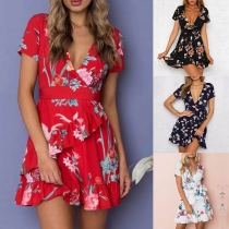 Sexy V-neck Short Sleeve Ruffle Hem Printed Dress