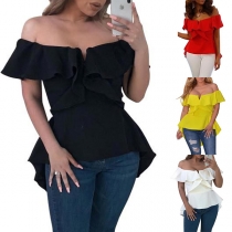 Sexy Ruffle Boat Neck Slit High-low Hem Solid Color Top 