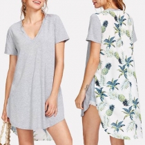 Fashion Short Sleeve V-neck Slit Hem Printed Spliced T-shirt 