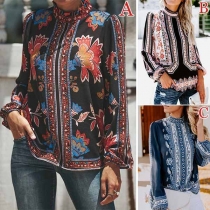 Fashion Long Sleeve Stand Collar Printed Chiffon Blouse