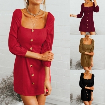 Fashion Solid Color Square Collar Single-breasted Dress