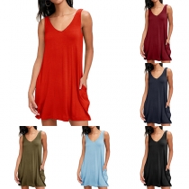 Fashion Solid Color Sleeveless V-neck Loose Dress