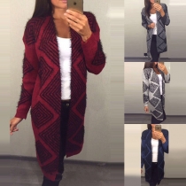 Fashion Long Sleeve Diamond Printed Knit Cardigan 