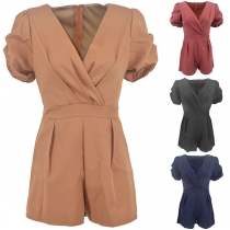 Fashion Solid Color Short Sleeve V-neck High Waist Romper