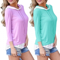 Fashion Solid Color Long Sleeve Lace Spliced Hoodie