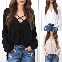 Fashion Solid Color Long Sleeve V-neck High-low Hem Chiffon Top
