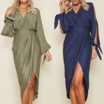 Sexy Slit Long Sleeve V-neck Irregular Hem Solid Color Dress