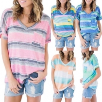 Fashion Short Sleeve V-neck Contrast Color Striped T-shirt 