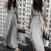 Sexy V-neck Self-tie Overlay Split Hem Dolman-Sleeve Maxi Dress