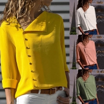 Fashion Button Front Irreglar Oblique Collar Solid Color Long Sleeve Shirt