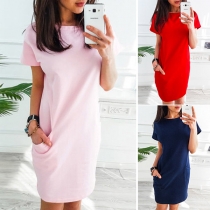 Fashion Round Neck Slant Pocket Short Sleeve Dress