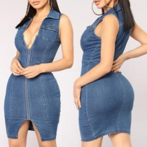 Sexy Zipper Front Sleeveless Sheath Denim Dress
