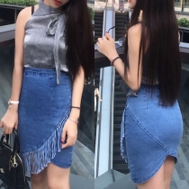 Fashion Tassel Tulip Hem High Waist Denim Skirts