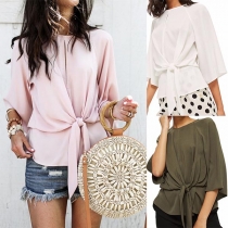Fashion Round Neck Dolman Sleeve Self-tie Top