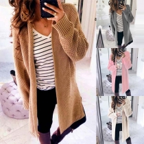 Fashion Solid Color Long Sleeve Slit Hem Knit Cardigan 