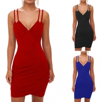 Sexy Backless V-neck Solid Color Sling Tight Dress