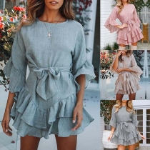 Sweet Style Trumpet Sleeve Ruffle Hem Solid Color Dress