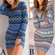 Fashion Long Sleeve Round Neck Slim Fit Printed Dress