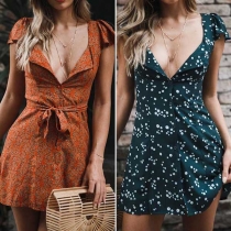 Fashion Lotus Sleeve Square Collar Printed Dress