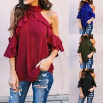 Sexy Off-shoulder Lotus Sleeve Solid Color Top