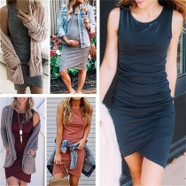 Fashion Solid Color Sleeveless Round Neck Slim Fit Tank Dress