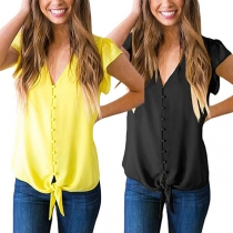 Fashion Solid Coloe Lotus Sleeve V-neck Chiffon Top