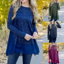 Fashion Long Sleeve Round Neck Chiffon Spliced Hem Loose Top