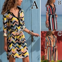 Fashion Long Sleeve POLO Collar Printed Shirt Dress