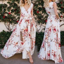 Sexy Deep V-neck Sleeveless Slit Hem Printed Dress