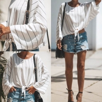 Fashion Long Sleeve Round Neck Lace-up Hem Striped Top