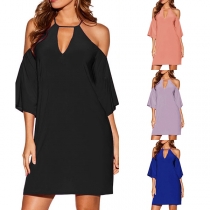 Sexy Off-shoulder Short Sleeve Solid Color Sling Dress
