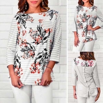 Fashion Long Sleeve Round Neck Striped Printed T-shirt 