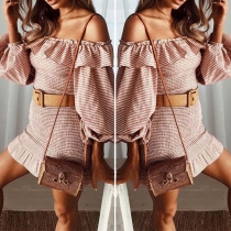 Sexy Lantern Sleeve Boat Neck Striped Top + Skirt Two-piece Set 
