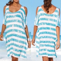 Sexy Off-shoulder Short Sleeve Round Neck Striped Dress